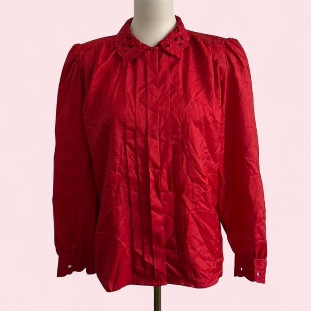 Vintage Karen Scott Red Satin Blouse Crochet Lace Collar‎ Puff Sleeve Size 6
